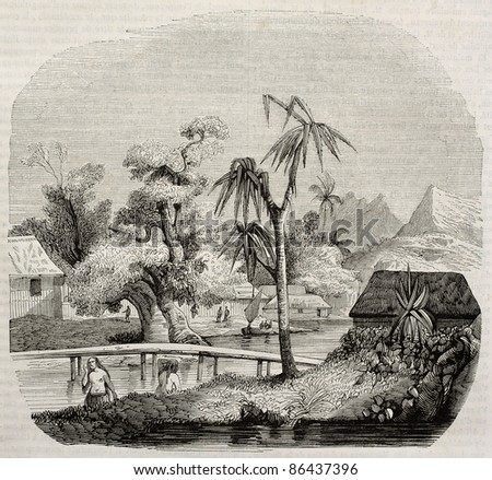 Tahiti island old view. Created by Lebreton, published on Magasin Pittoresque, Paris, 1843