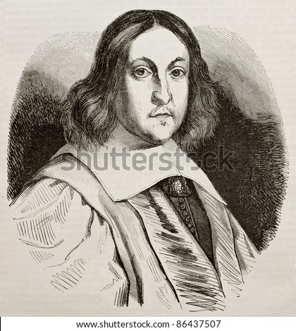 Pierre de Fermat old engraved portrait, French lawyer and mathematician. By unidentified author, published on Magasin Pittoresque, Paris, 1843