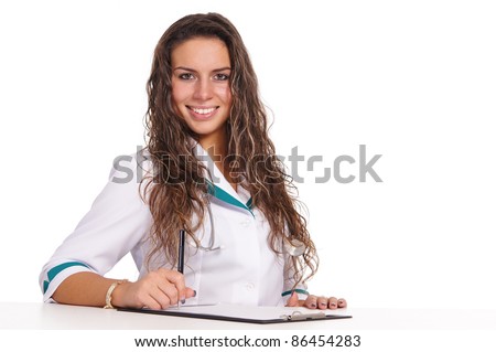 portrait of a cute nurse posing on white