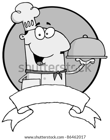 Grayscale  Male Chef Holding A Platter Over A Blank Banner And Circle
