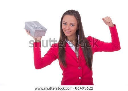 Business woman with gift box. Isolated.