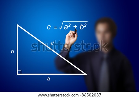 mathematics teacher writing geometry picture and calculation equation