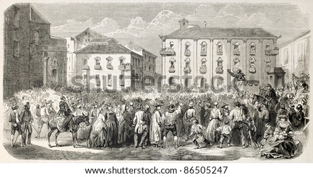 Man haranguing a crowd in Messina, Italy, old illustration. Created by Provost, published on L'Illustration, Journal Universel, Paris, 1860