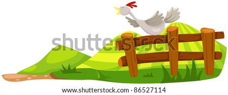 illustration of isolated chicken on fence on white background