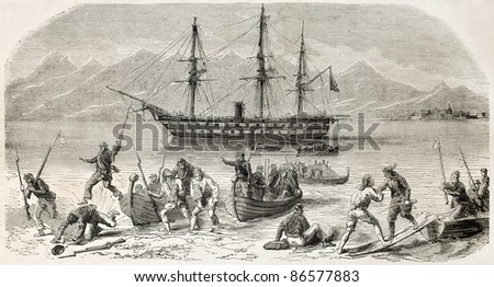 Volunteers landing in Calabria, southern Italy. Created by Worms, published on L'Illustration, Journal Universel, Paris, 1860