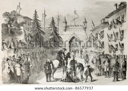 Napoleon III and Empress Eugenie entrance in Thonon-les-Bains, France. Created by Beauce,  published on L'Illustration, Journal Universel, Paris, 1860