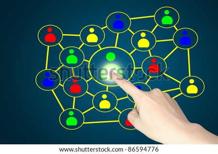 Business male hand push button of social network diagram