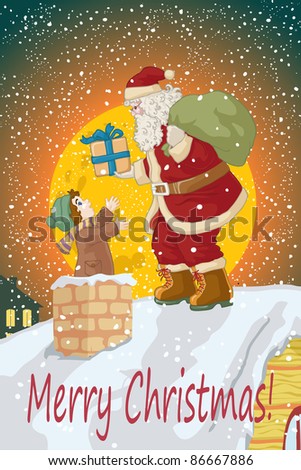 Vector illustration, cute kid receiving present from Santa, card concept.
