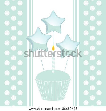 Blue birthday cupcake with candle and balloons on a blue border background