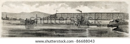 Building a truss-bridge over Rhine river, old illustration. Created by Levy, published on L'Illustration, Journal Universel, Paris, 1860