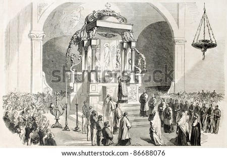 Messina cathedral interior, Italy: announcement of the victory against Neapolitans. Created by Worms, published on L'Illustration, Journal Universel, Paris, 1860