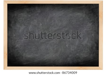 empty blackboard with wooden frame. Black chalkboard background with great texture and scratches isolated on white background.