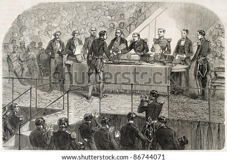 Prize giving ceremony to shooting contest winners. Created by Gaildrau, published on L'Illustration, Journal Universel, Paris, 1860