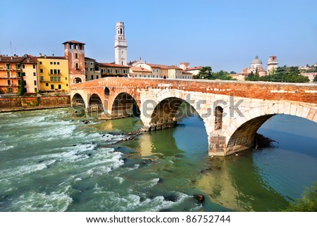 View of Adige river and St Peter bridge, Verona, Italy. Royalty-Free Stock Photo #86752744