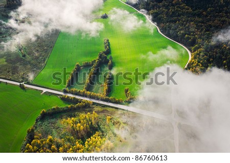 Aerial view over agricultural fields