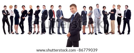 businessman presenting his team isolated over a white background