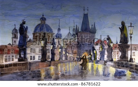 Night Prague scene at Charles bridge in watercolor painting
