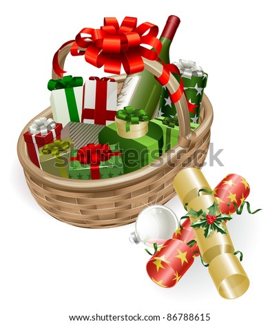 A Christmas basket with wine, gifts, crackers and ball bauble decoration