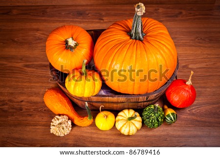 Ripe pumpkin fruits on wooden background