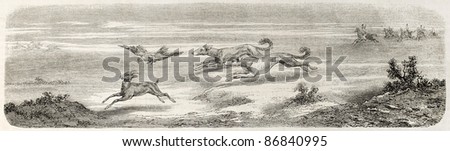 Gazelle hunting in Great Salt Desert, Persia, with falcon and kurdish greyhound. Created by Laurens, published on L'Illustration, Journal Universel, Paris, 1860