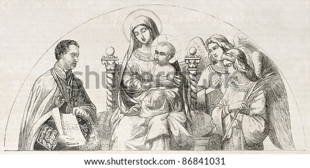 Virgin Mary and baby Jesus. After painting of De Madrazo, published on L'Illustration, Journal Universel, Paris, 1860