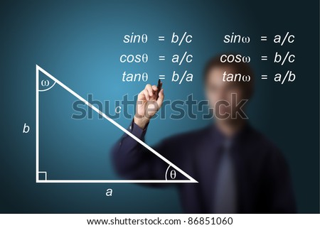 mathematics teacher writing geometry picture and trigonometry calculation equation