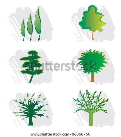 Set of Six Tree Icons Silhouettes - Landscape Design Elements
