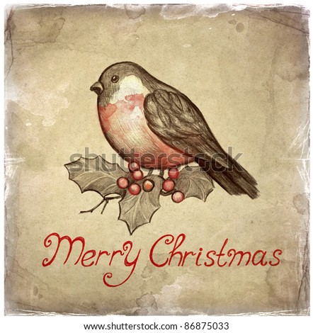 Christmas greeting card with illustration of bullfinch