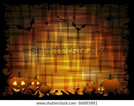 Pumpkins and bats on the dark-orange background