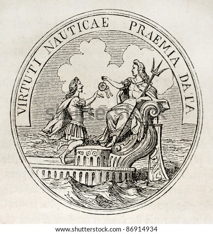Antique medal celebrating French navy in the age of Louis XIV. By unidentified author, published on Magasin Pittoresque, Paris, 1843