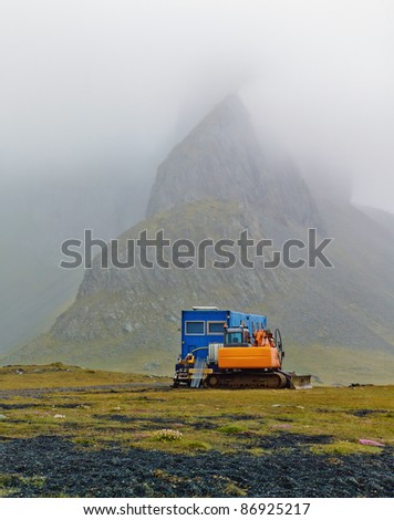 Construction equipment in the icelandic fog