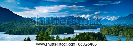 Panoramic view of Tofino.  The sleepy village of Tofino on the West coast of Vancouver Island is now becoming a hot spot for tourism and second homes. Royalty-Free Stock Photo #86926405