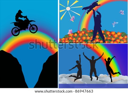three different compositions with people and rainbows