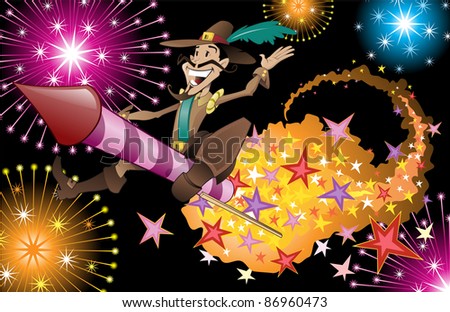 Guy Fawkes riding through exploding fireworks. Royalty-Free Stock Photo #86960473