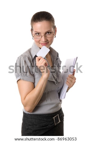 Portrait of a happy young woman showing her business card against white background