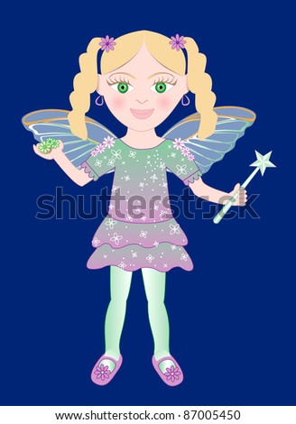Raster version of cute little Fairy girl with wand and Flowers.