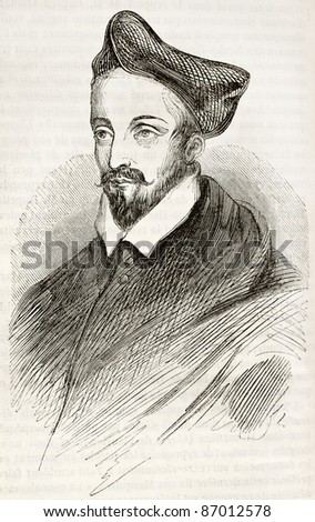 Louis II de Lorraine, cardinal of Guise, old engraved portrait. After painting of Vien kept in Orleans museum, published on Magasin Pittoresque, Paris, 1843