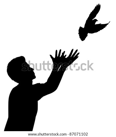 Editable vector silhouette of a man releasing a dove