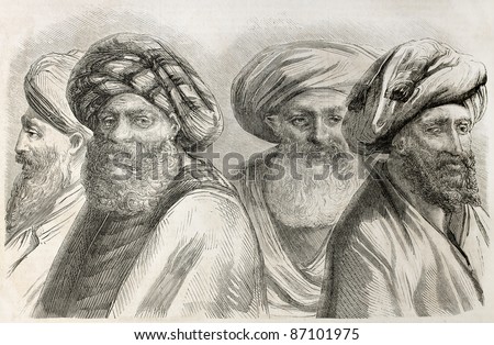 Druze men old illustration.  By unidentified author, published on L'Illustration, Journal Universel, Paris, 1860