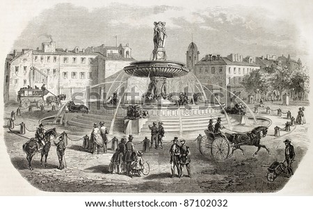 The round fountain old view, Aix-en-Provence, France. Created by Gaildrau after Gibert, published on L'Illustration, Journal Universel, Paris, 1860