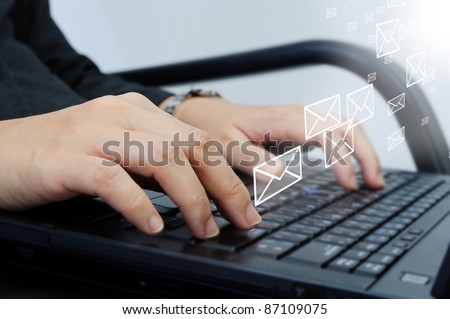 Hand typing on laptop computer keyboard Royalty-Free Stock Photo #87109075
