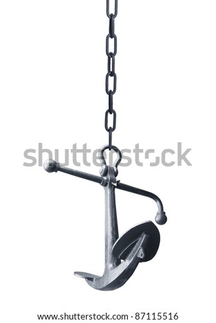 old metal anchor with chain on white background