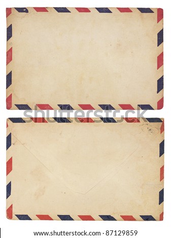 The front and back of an aging airmail envelope with red and blue striped border. Isolated on white with clipping path. Royalty-Free Stock Photo #87129859