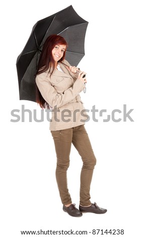 young woman with black umbrella, white background