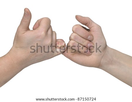 studio photography of two hands while wrestling with small finger, in white back
