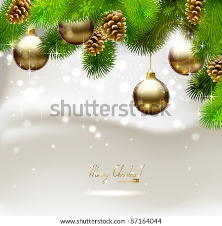 Christmas background with fir tree, cones and evening balls