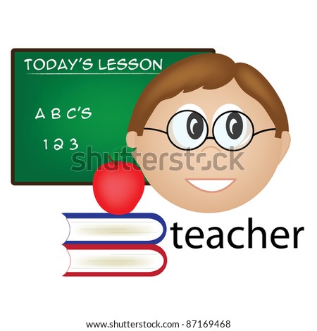 Clip art illustration of a teacher occupation icon of a caucasian woman wearing glasses with a chalkboard and stack of books.