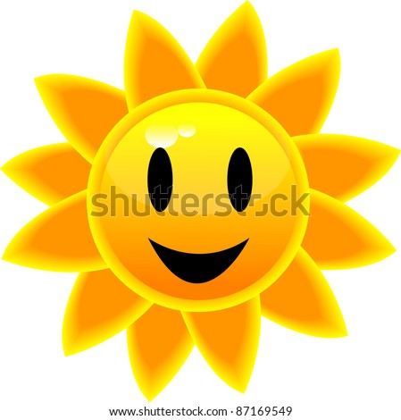 Clip art illustration of a glossy tropical sun icon with a smiling face.