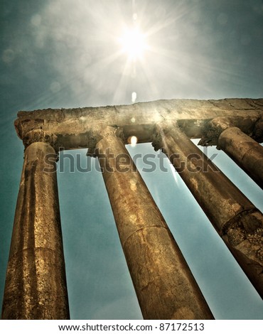 Jupiter's temple Baalbek, Lebanon, ancient city ruins, retro grunge style picture with bright sun light