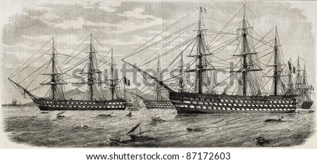French fleet in front of Naples, Italy. Created by Durand-Branger, published on L'Illustration, Journal Universel, Paris, 1860